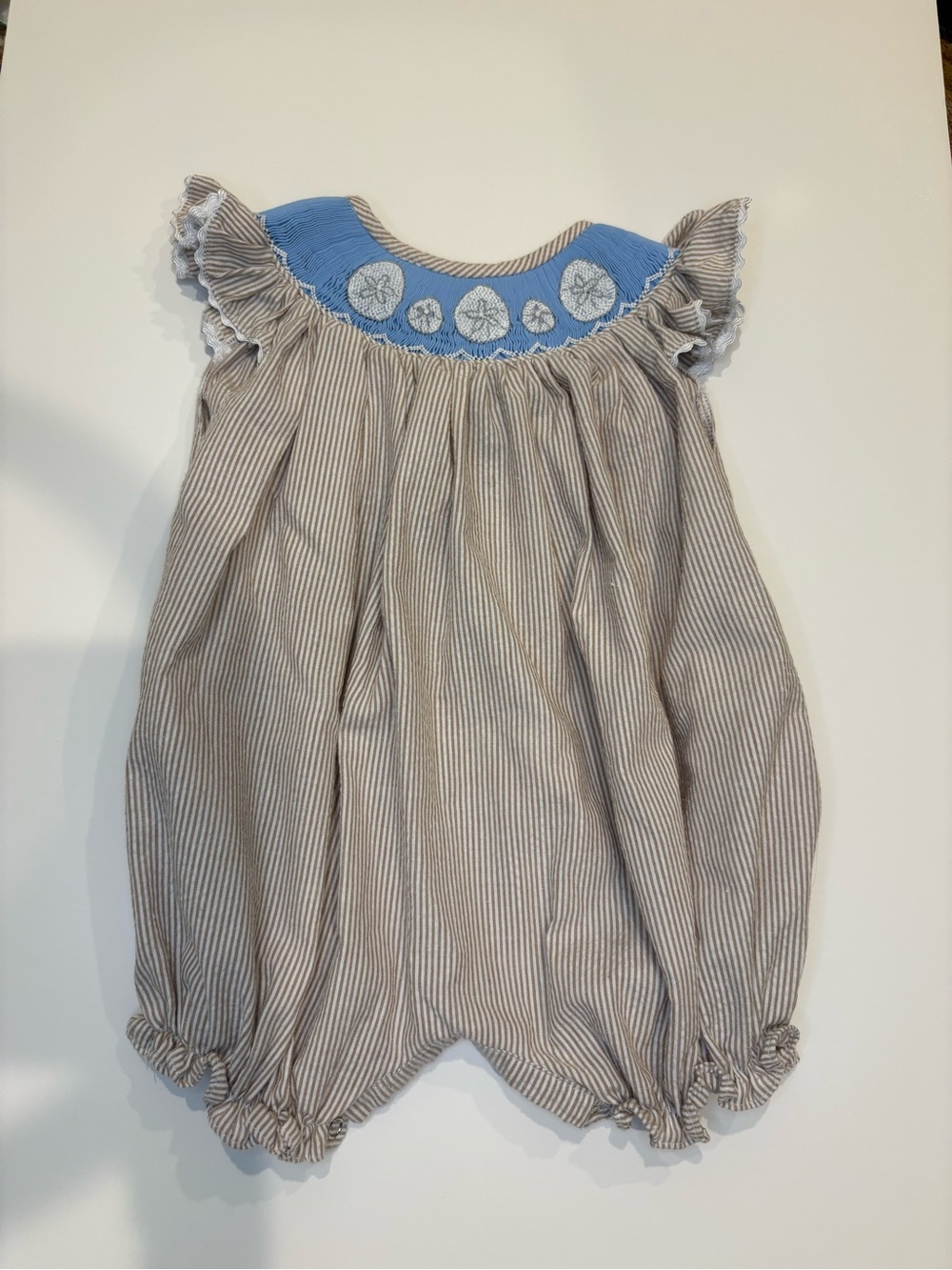 Striped Cotton Baby Bubble Romper with Blue Embroidered Sand Dollars. 3 months